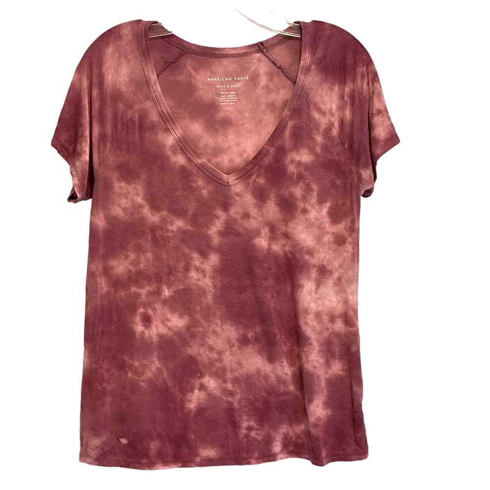 American Eagle Soft & Sexy Tie Dye V-Neck T-Shirt Burgundy XS